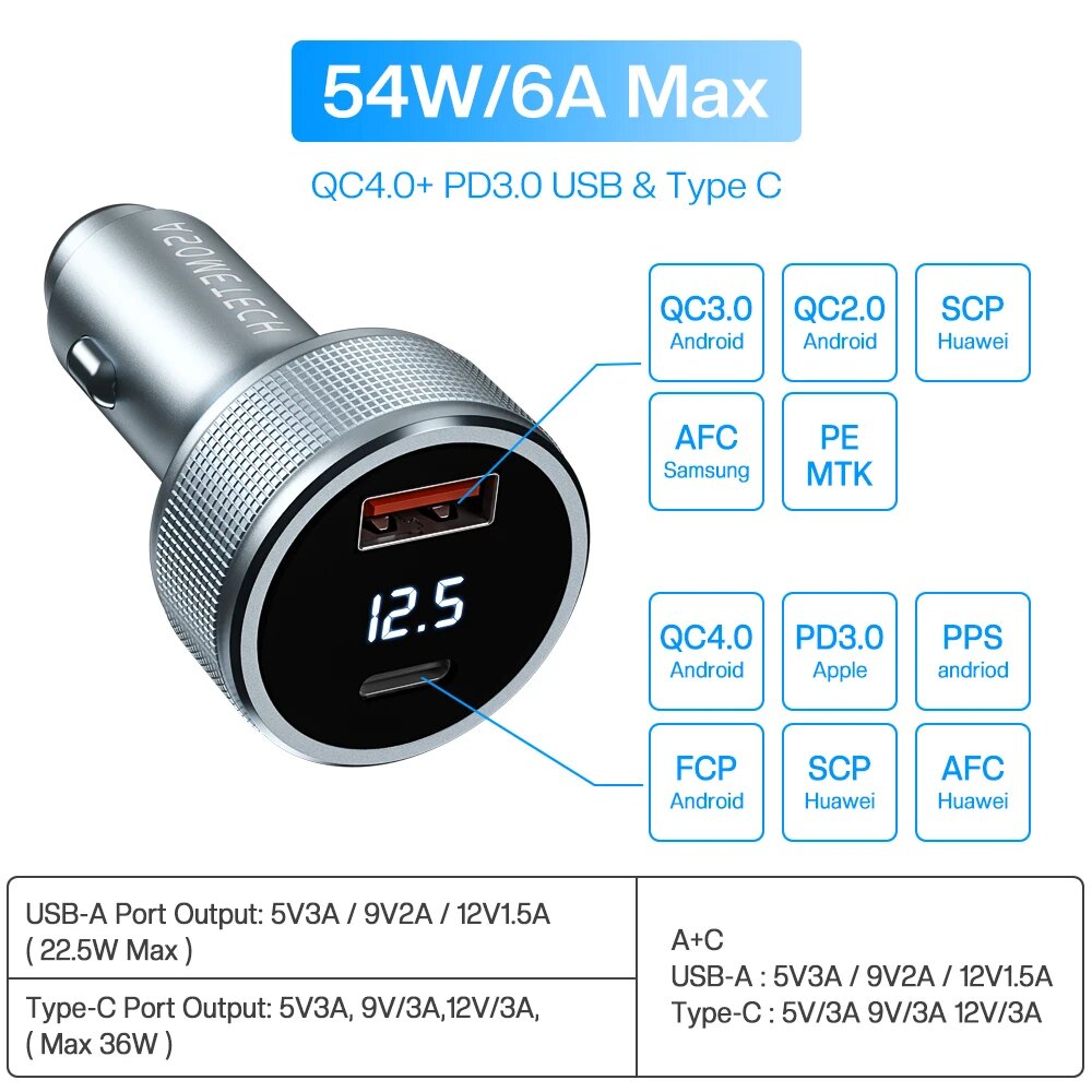 Автомобильное зарядное устройство USB 54 Вт, быстрая зарядка 3.0, тип C, QC PD3.0, адаптер зарядного устройства для мобильного телефона для iPhone Xiaomi Samsung Huawei, 54W Type C USB — фото 1