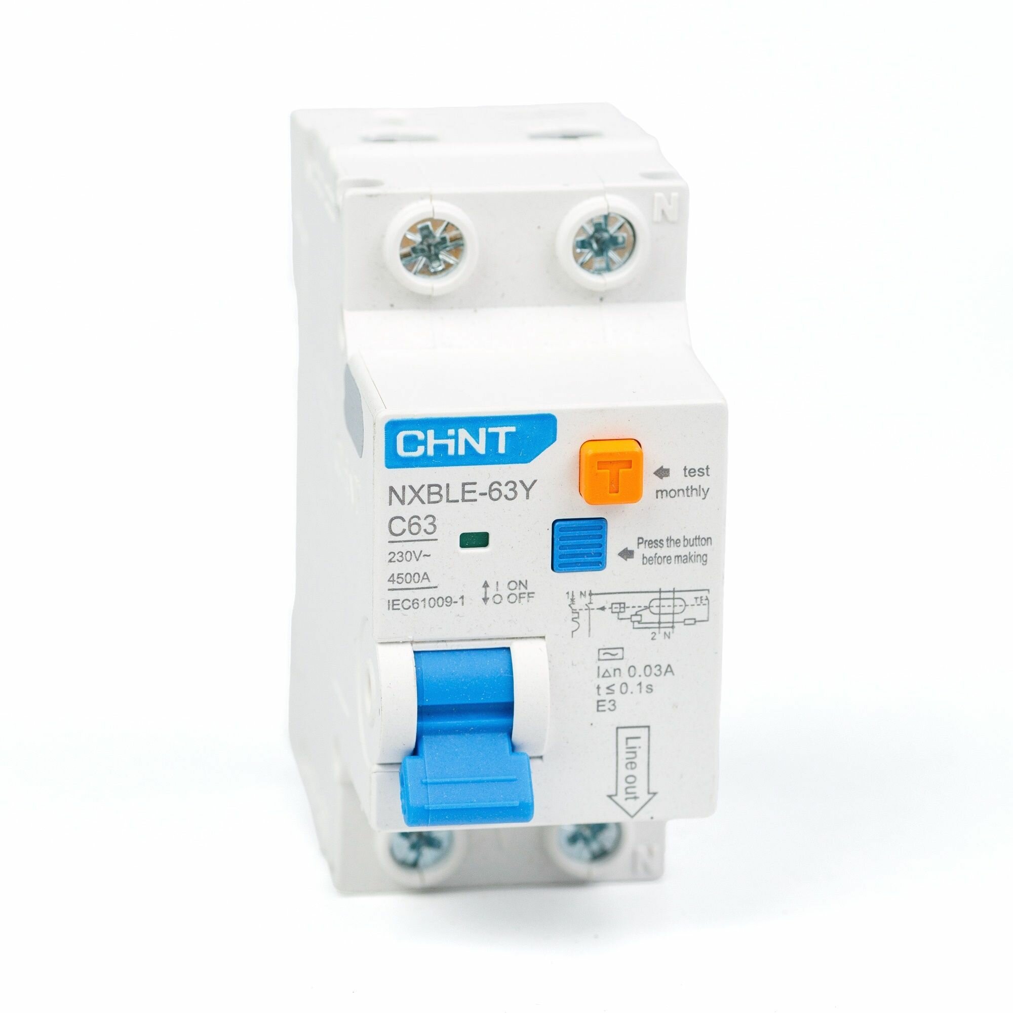 Дифференциальный автомат АВДT CHINT NXBLE-63Y 1P+N 4.5kA х-ка С 63А тип АС 30mA (R) 105548