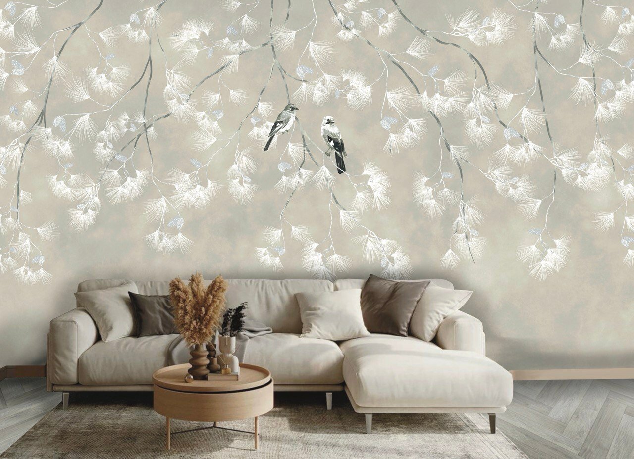 Обои бесшовные "Сойка" бежевый монохром (ширина 2550мм х длина 3000мм)