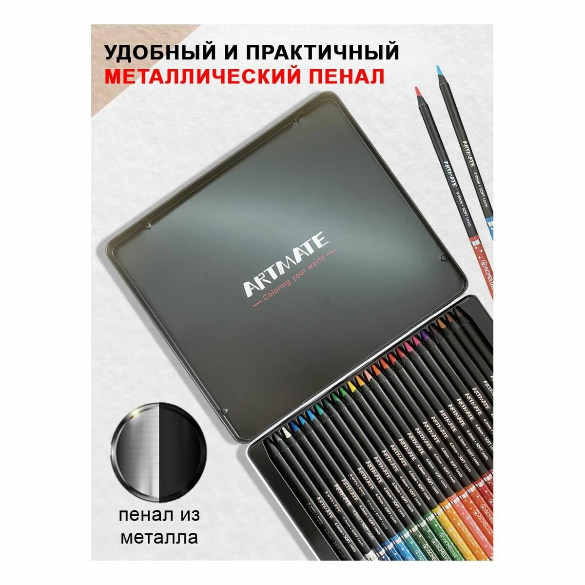 Набор карандашей цветных ACMELIAE "Blackwood Artmate" 24 цв, в металлическом футляре - фото №10