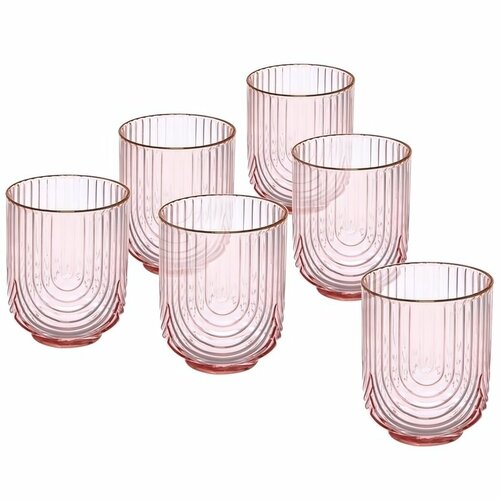 Стакан низкий 380мл «Enjoy Life», 6шт, розовый, рифлёный, с золотистой окантовкой