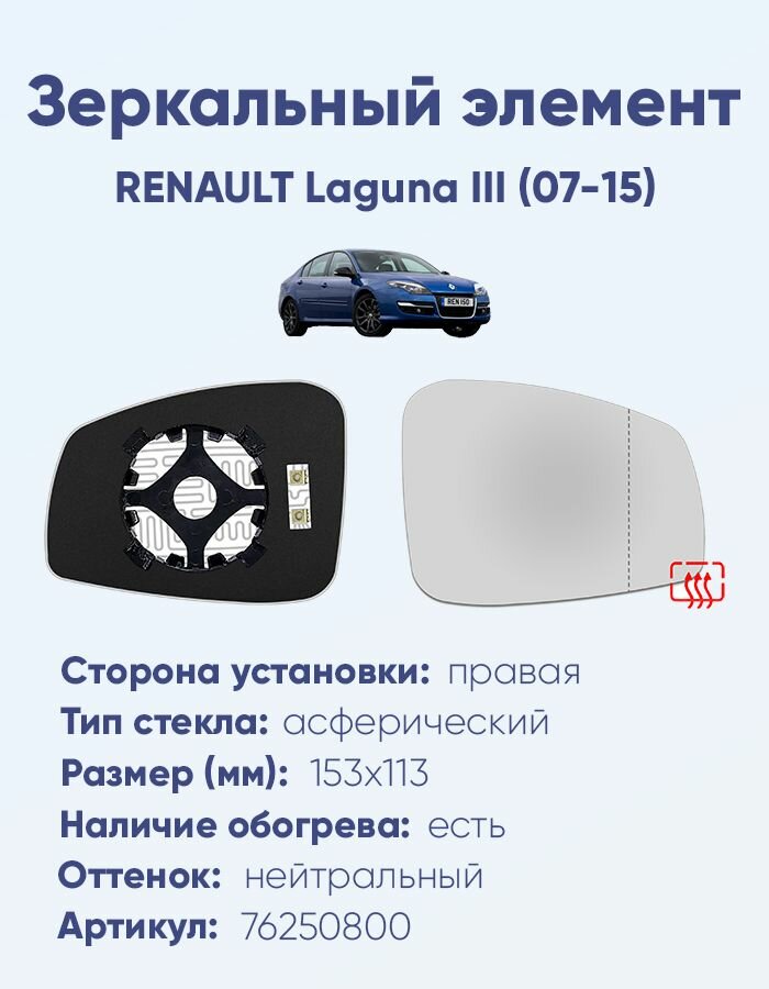 Зеркальный элемент правый RENAULT Laguna III (07-15) асферика нейтральный с обогревом