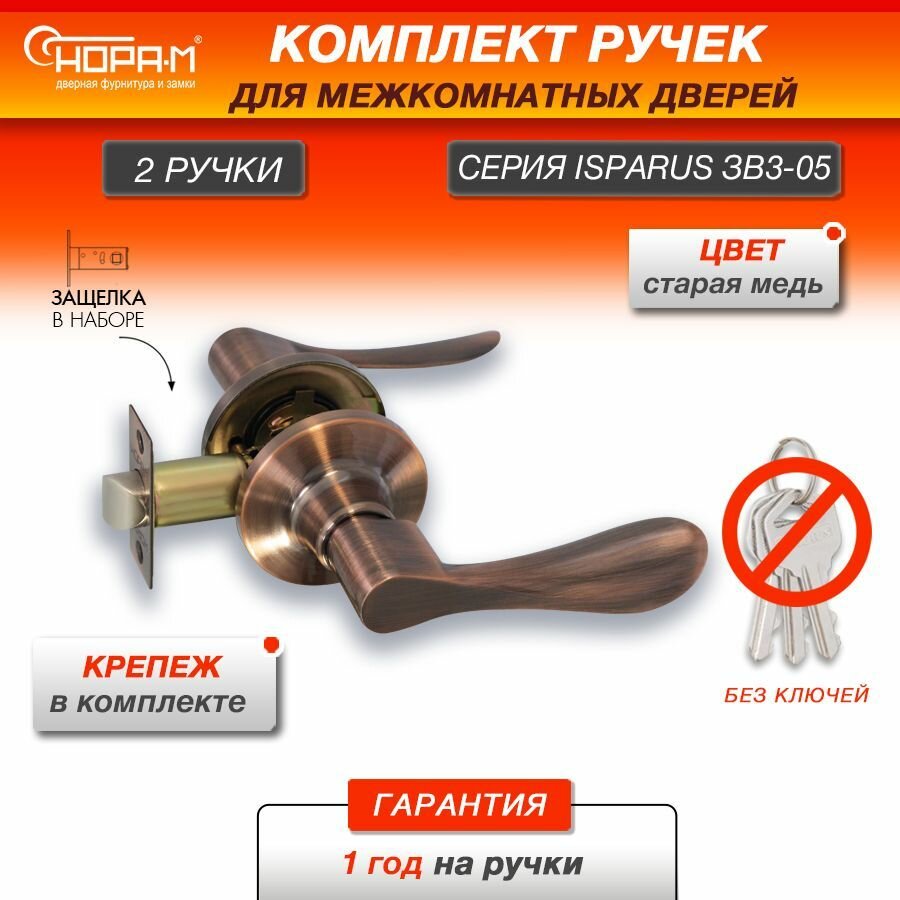 Ручка-защелка нора-м ISPARUS ЗВ3-05 нажимная, межкомнатная, без запирания, старая медь