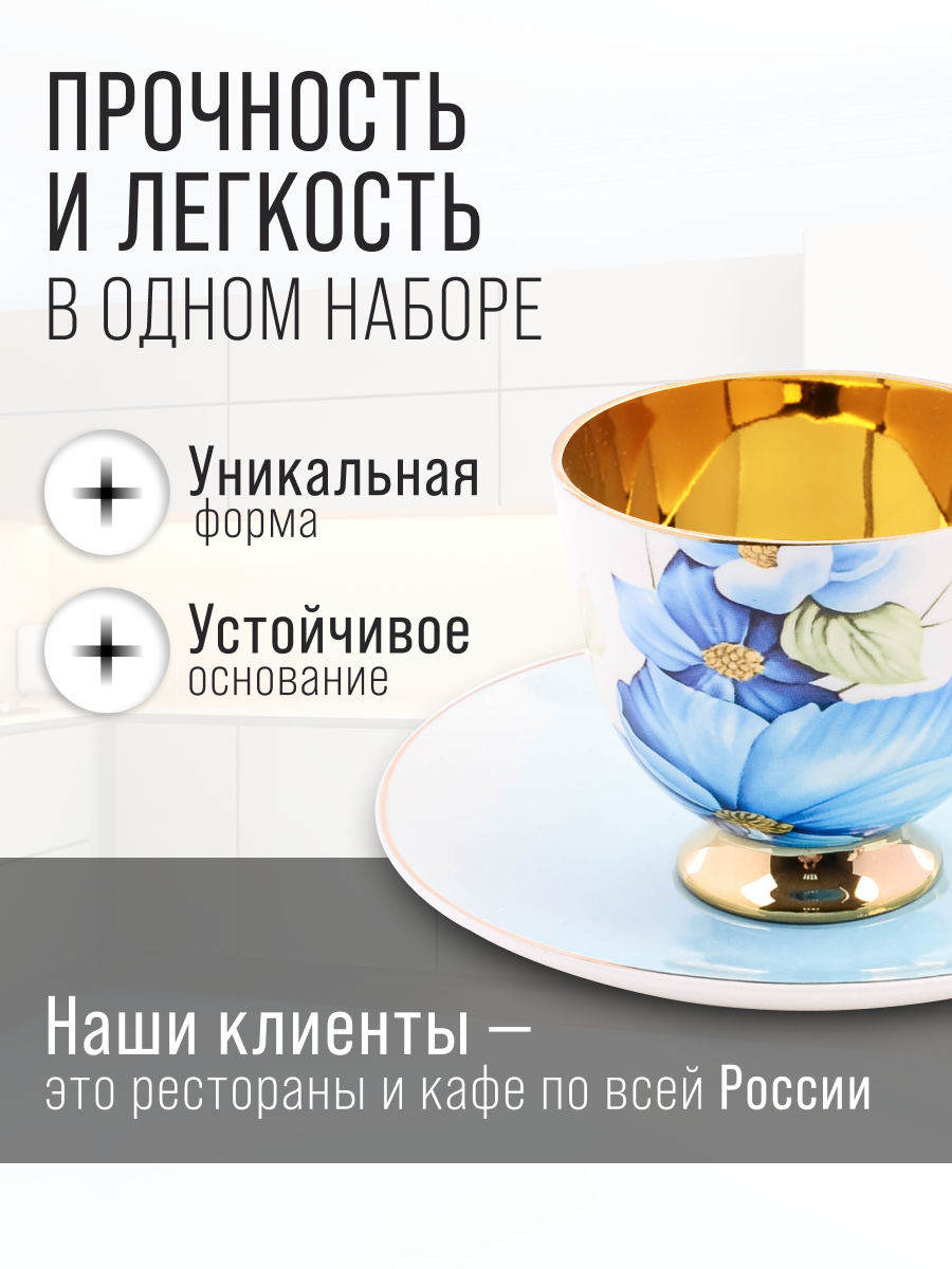 Чайный набор Loraine PREMIUM, фарфор, 200мл, 6 персон, голубой, 12шт — фото 1