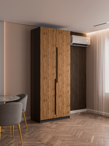 Изображение товара Шкаф распашной Тайлз - 2 с ящиками | Корпус Графит/Фасады Дуб Вотан с черными ручками