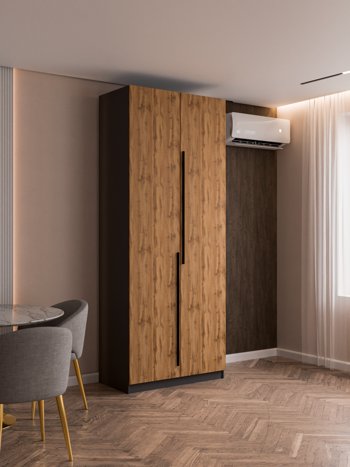 Шкаф распашной Тайлз - 2 с ящиками | Корпус Графит/Фасады Дуб Вотан с черными ручками