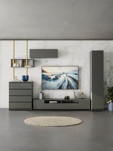 Изображение товара Гостиная комплект Тайлер, полка, тумба под телевизор, комод, шкафы, Графит серый