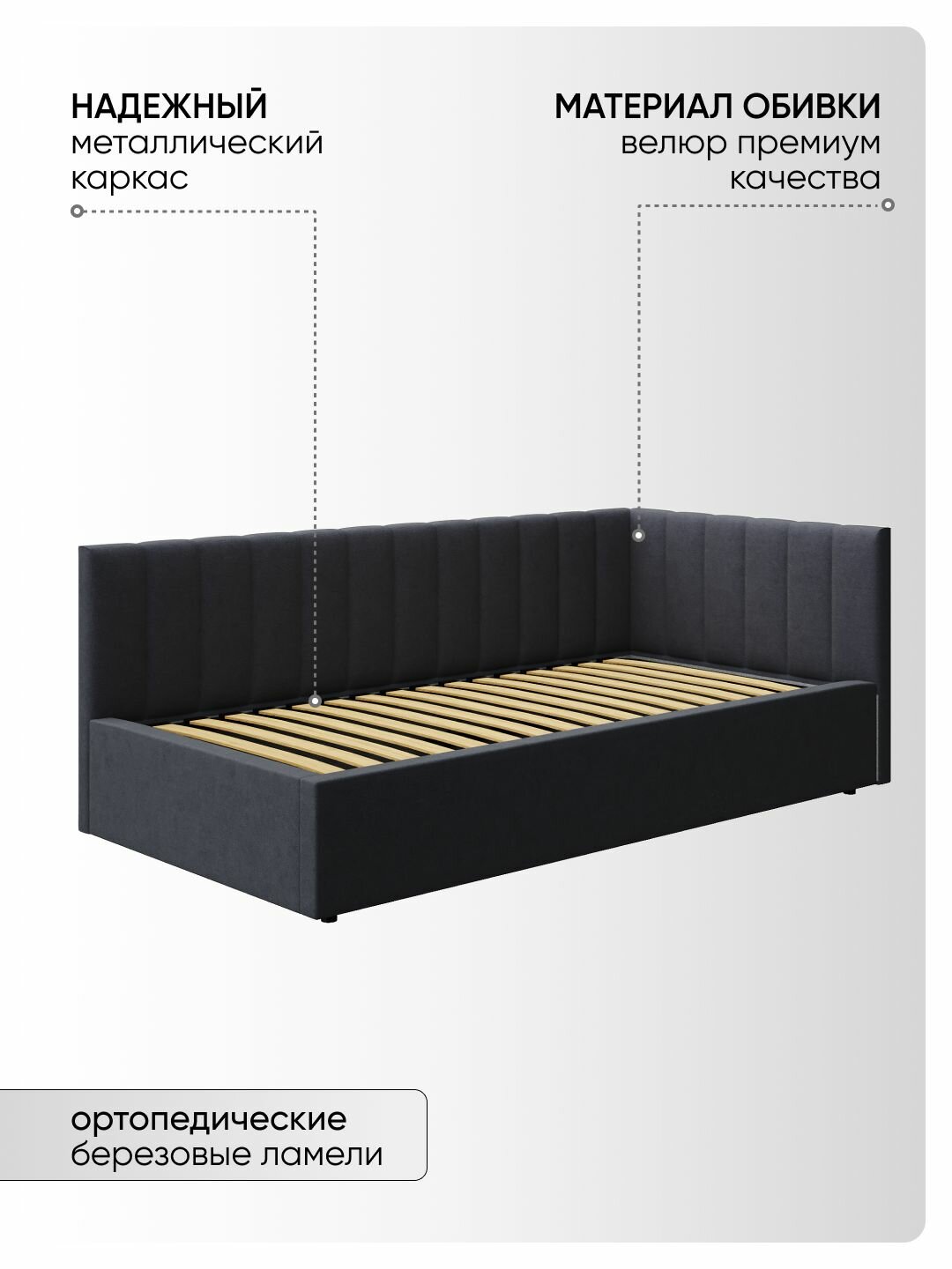 Односпальная угловая кровать 90х200 "Юлия" Темно-Серый-Велюр — фото 1