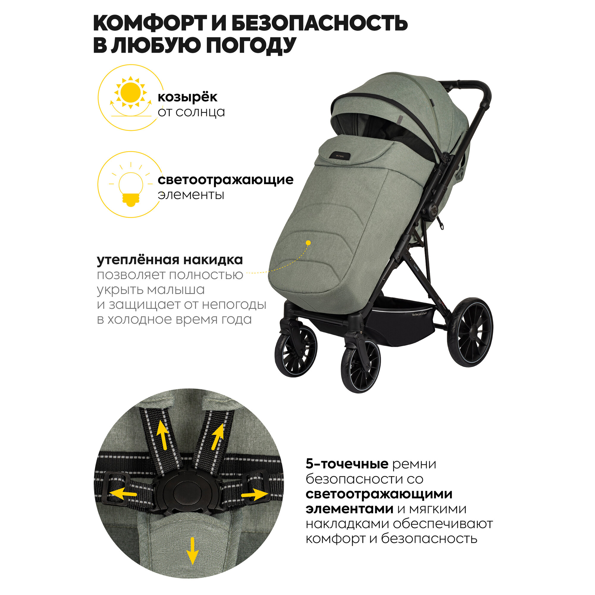 Прогулочная коляска JOVOLA LUNA, всесезонная, складная, перекидная ручка, оливковый — фото 1
