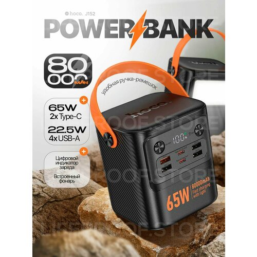 Внешний аккумулятор повербанк Hoco J152 Pro Tough 80000mAh 4 USB 225W 2 Type-C PD65W цвет Черный 7900₽