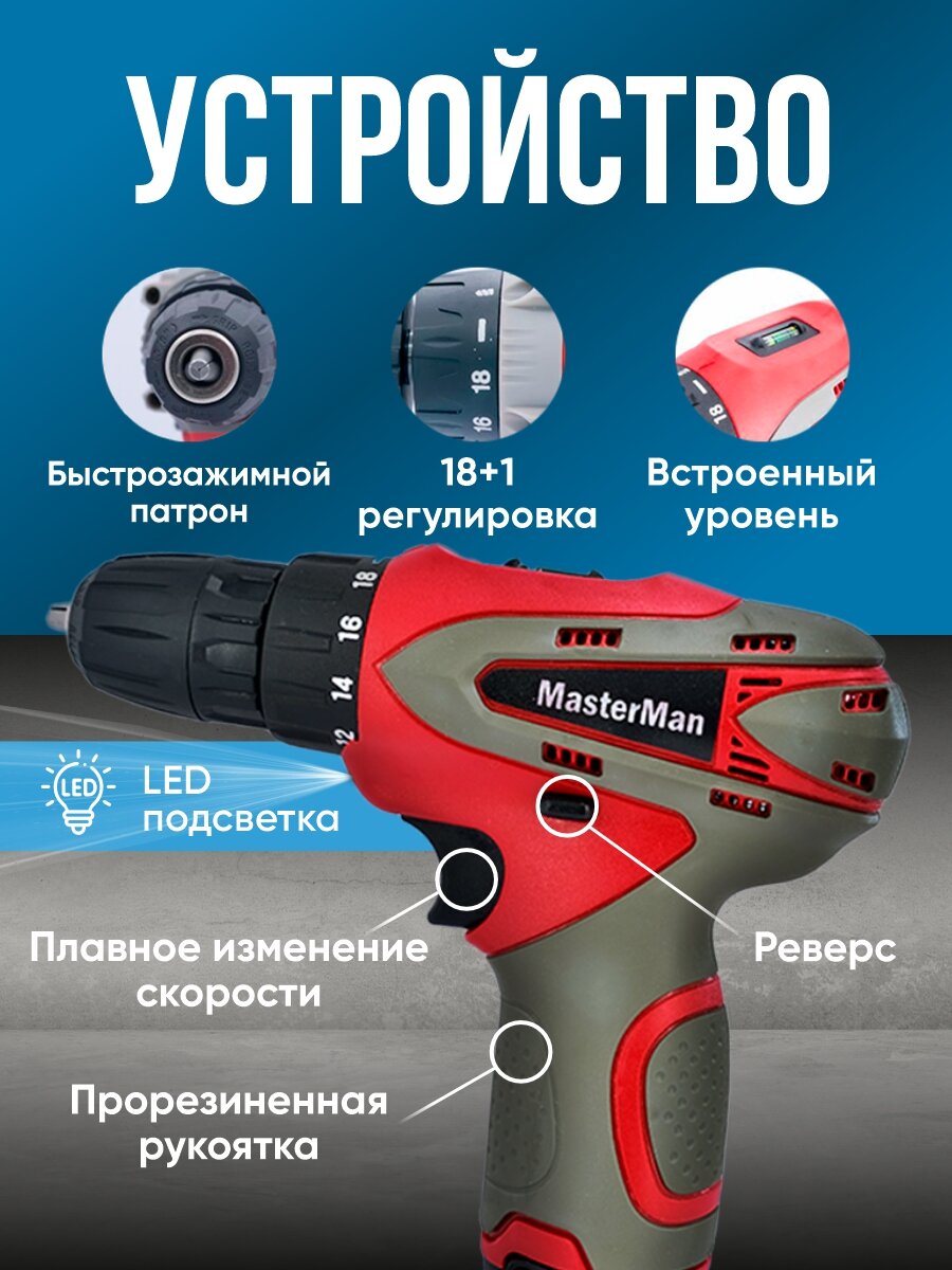 Шуруповерт аккумуляторный 12В 43BE48, 2 АКБ, 1,5 А/Ч, красный/серый — фото 1