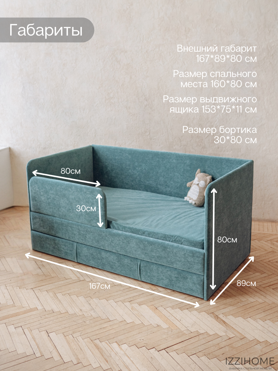 Детский диван-кровать 160х80 см Happy бирюзовый с ящиком и защитным бортиком (без матраса) — фото 1