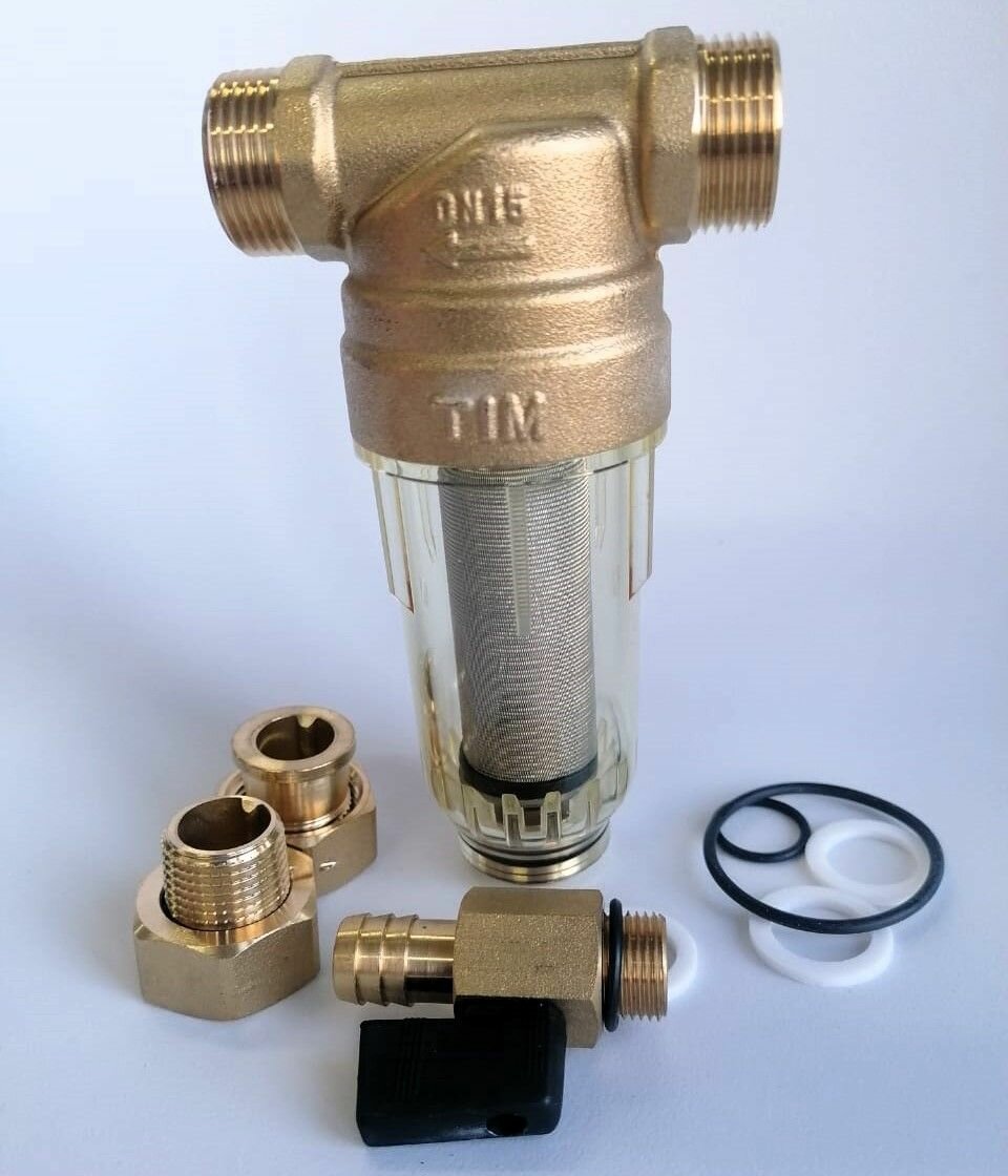 Фильтр самопромывной 1 2  НН с американками и сливным краном  прозрачный корпус TIM арт  JH 1004