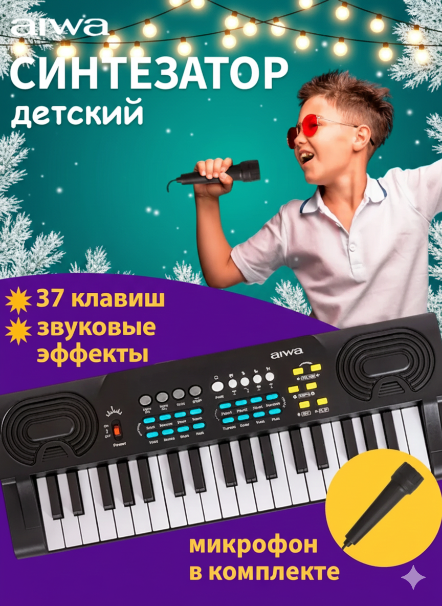 Синтезатор детский электронный AIWA ASZ-137 37 клавиш вход для микрофона 8 тембров 8 ритмов 4 ударных инструмента