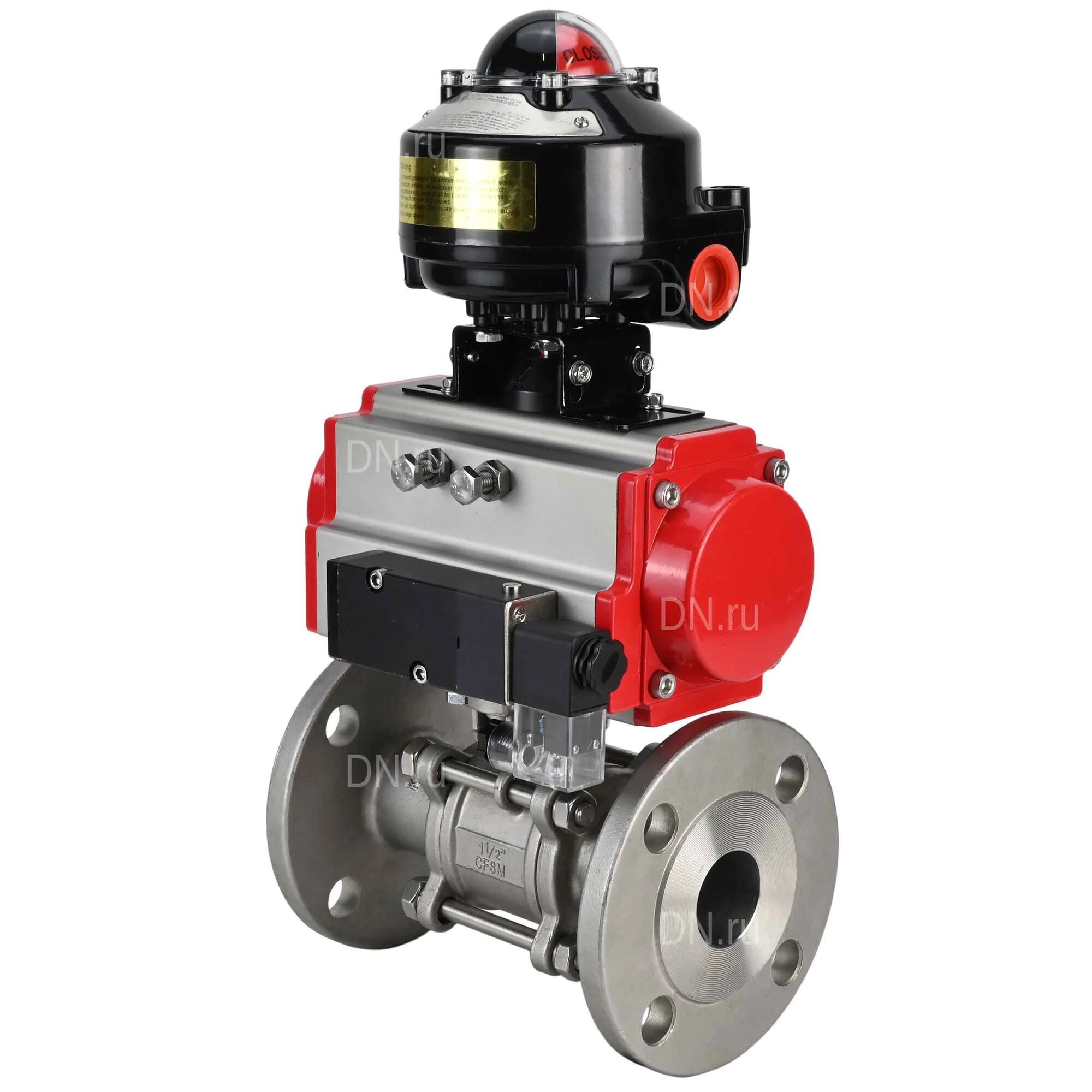 Кран шаровой DN.ru кшфпт 304.180 Ду65 Ру25 фланцевый, полнопроходной, 3-составной, нержавеющая сталь SS304, уплотнение PTFE, с пневмоприводом DA-105 пневмораспределителем PND2-S1EM-52-1NC-J08-24VDC, БКВ LSB-510-02ExM12-250