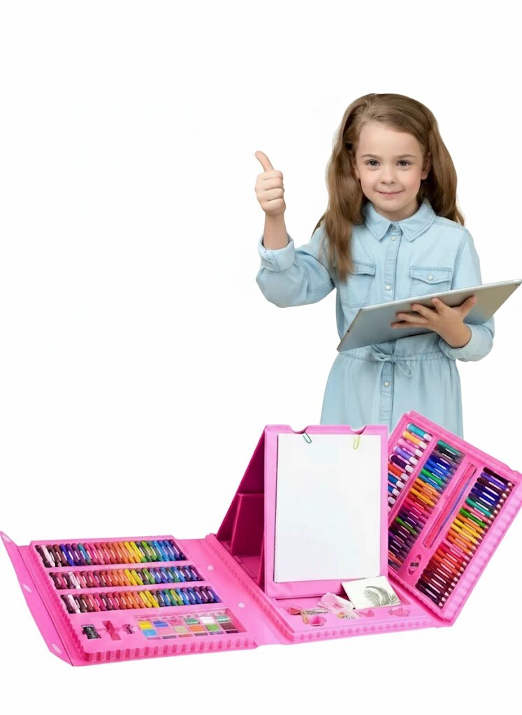 Детский набор для рисования 208 предметов, розовый чемоданчик с мольбертом — фото 1