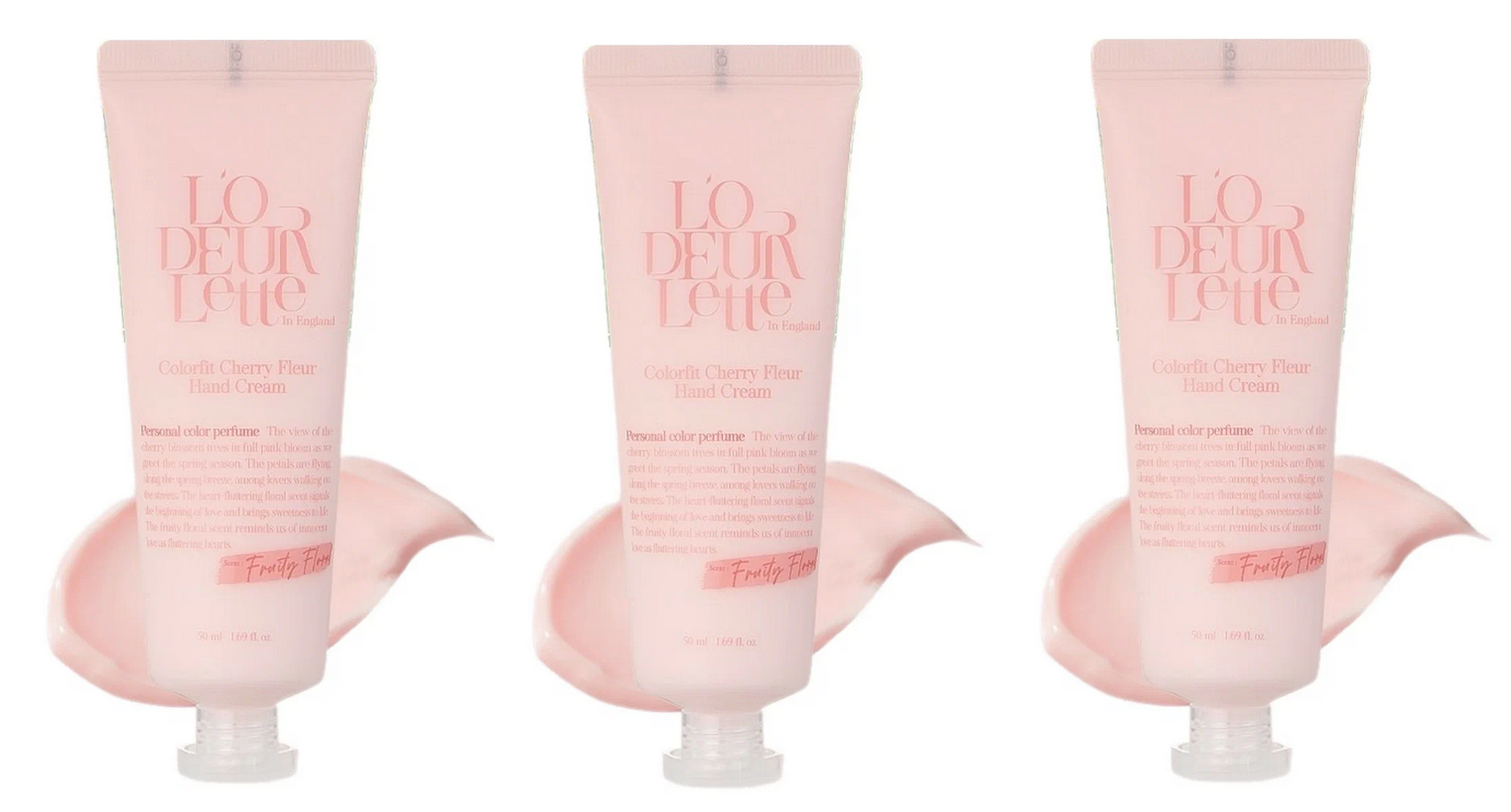 Крем для рук LODEURLETTE увлажняющий, с ароматом цветка вишни, In England Colorfit Cherry Fleur Hand Cream, 50 мл - 3 штуки