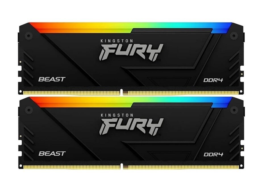 Оперативная память Kingston Fury Beast, DDR4, 32GB (2x16GB), 3200MHz, CL16, DIMM, с радиатором, RGB, черный