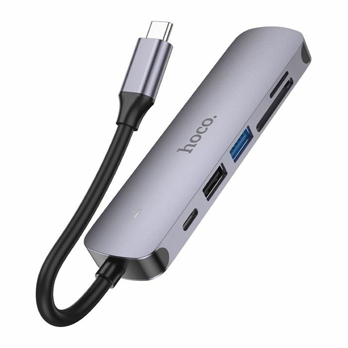 Хаб 6 в 1 HOCO HB28 USB 2.0, 1 USB 3.0, Type-C, Card Reader SD, Micro SD, HDMI серый металл — фото 1