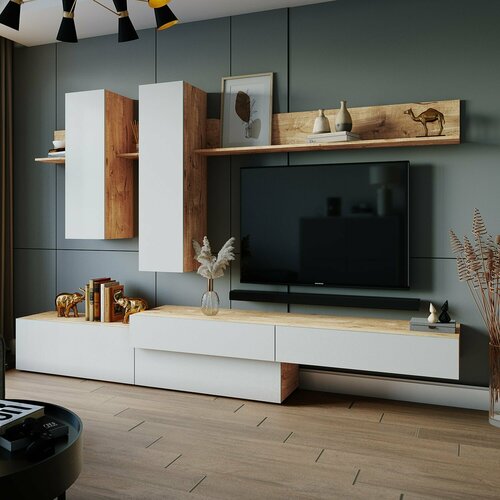 Гостиная ВНК-мебель Фрида, ЛДСП, 8 предметов, Дуб вотан/Белый глянец ВН44897