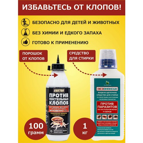 Набор от клопов Гектор (Gektor) порошок 100 гр. + Дезонаксин для стирки 850 мл.