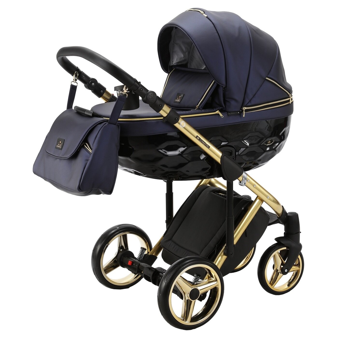 Коляска универсальная Adamex Chantal Special Edition Deluxe 2 в 1, C108 - темно-синий металлик, черный, золотой