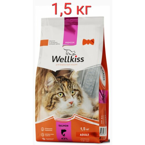 Сухой корм Wellkiss Adult Salmon, для взрослых кошек, лосось, премиум, 1.5 кг