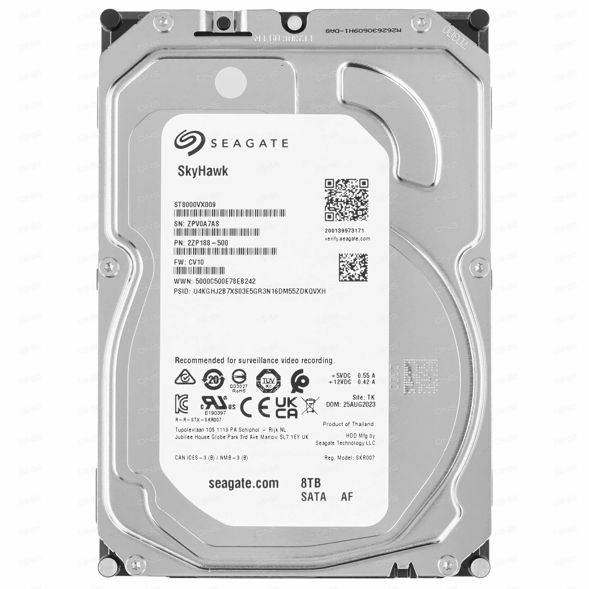 3.5" жесткий диск Seagate SkyHawk (ST8000VX009) 8ТБ, 5400Об/мин, 256МБ