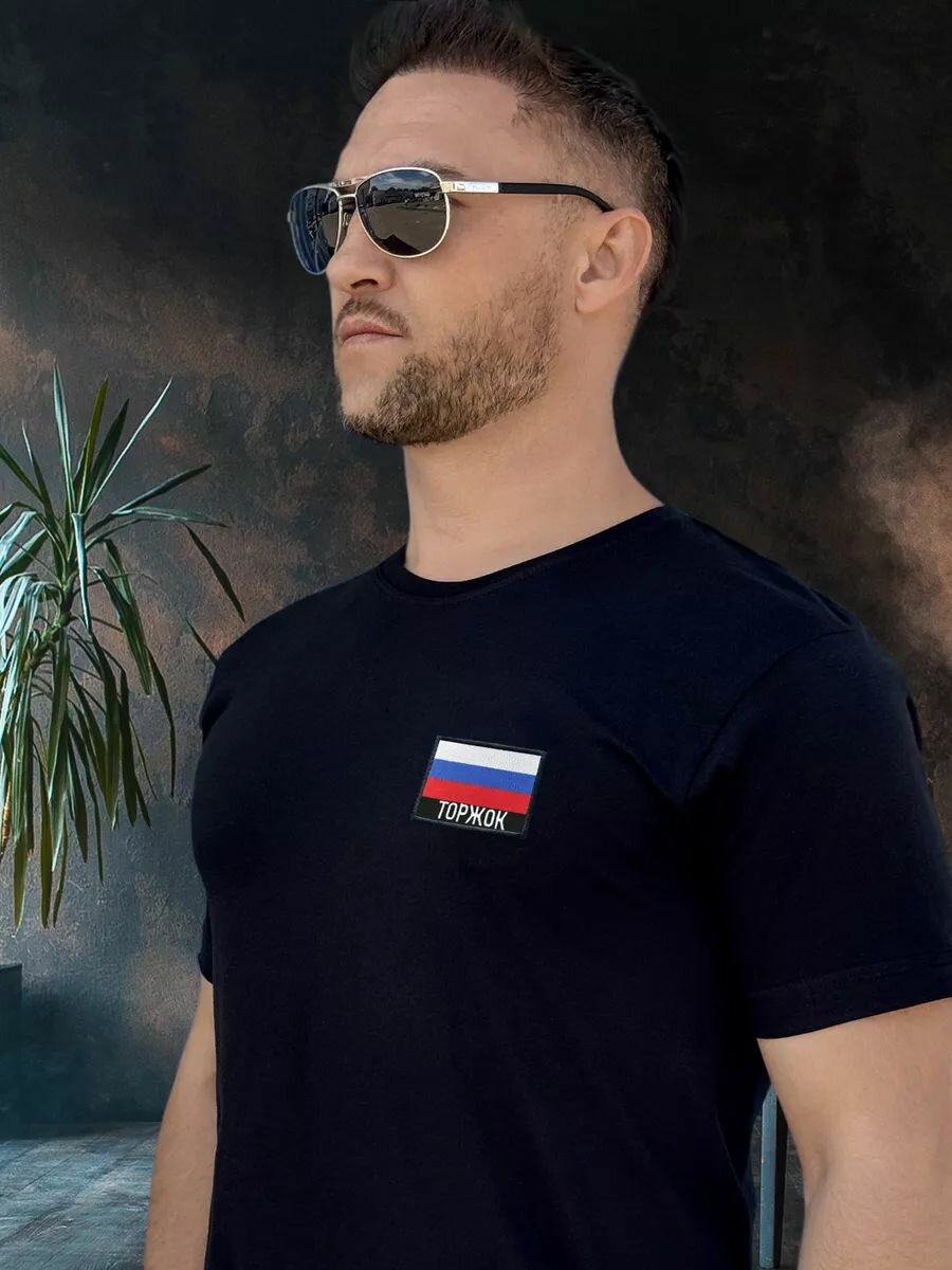Футболка мужская черная хлопок 100% с шевроном Торжок Флаг России, размер 2XL, черный — фото 1