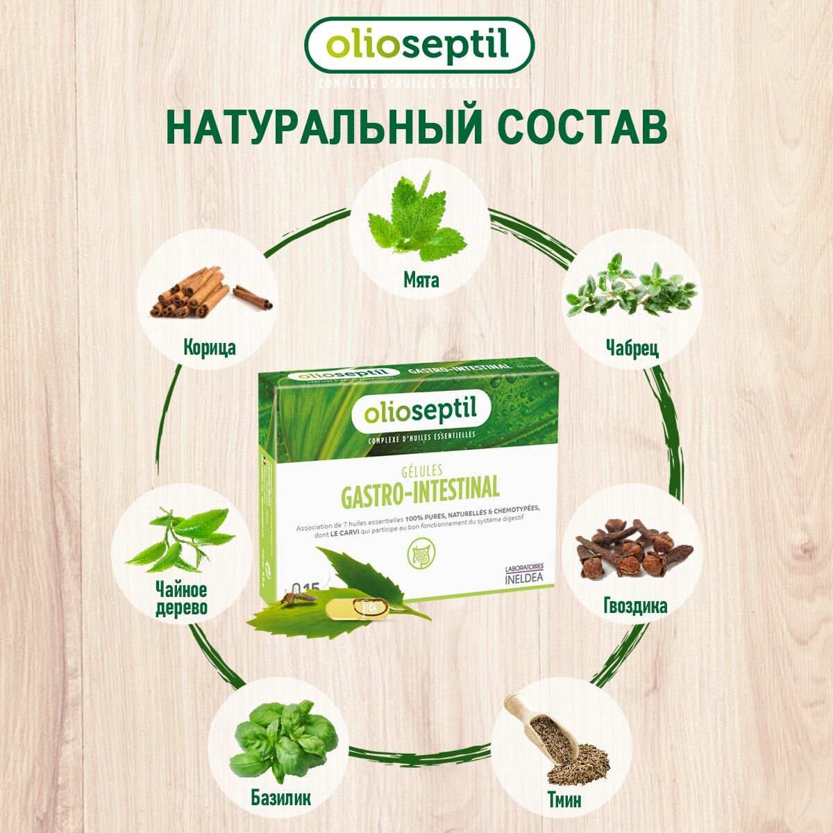 Изображение OLIOSEPTIL GASTRO-INTESTINA Комплекс для жкт / для желудочно-кишечного тракта / 15 Капсул "Гастро Интестинал" олиосептил