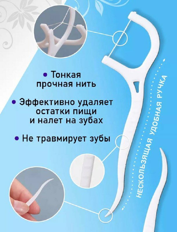 Картинки Набор зубных флоссов, 50 штук, вощеная нить, встроенная зубочистка, белая