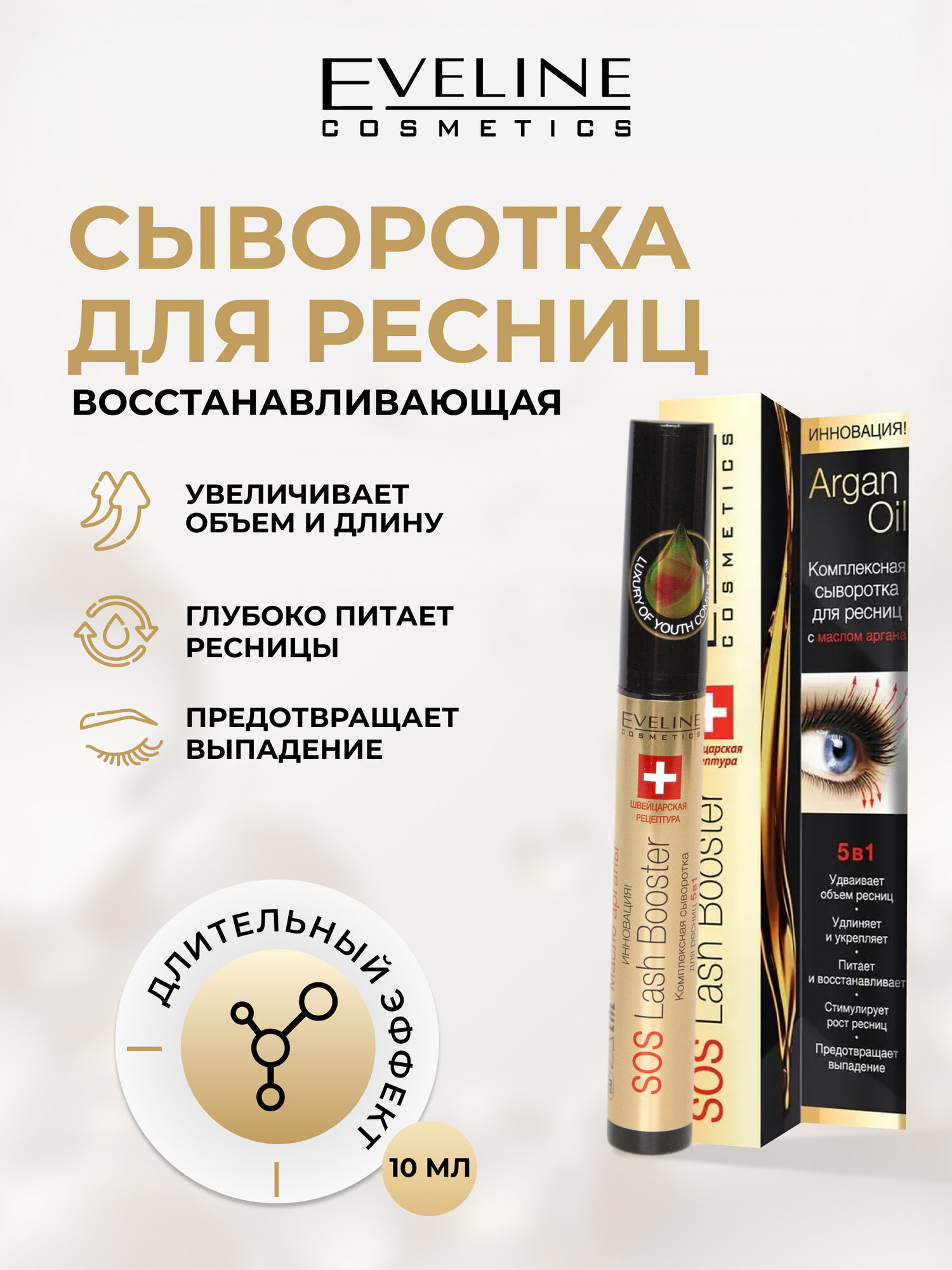 Cыворотка для ресниц Eveline SOS LASH BOOSTER восстанавливающая 5в1 Комплексная, 10 мл
