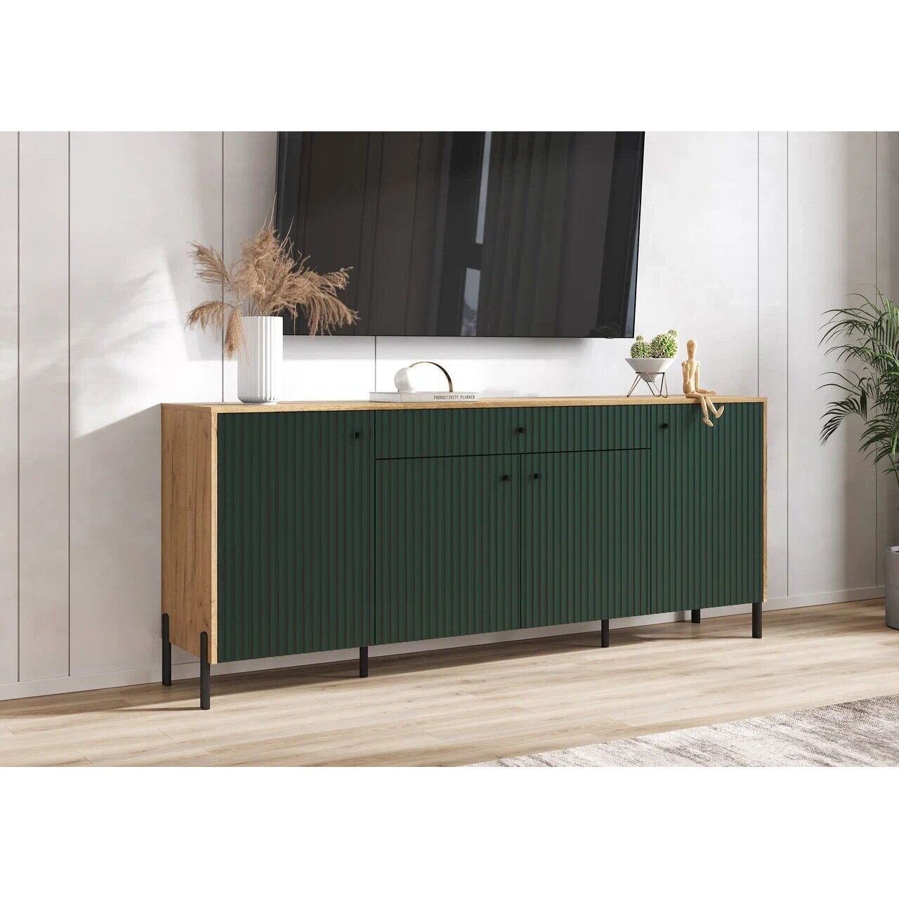 Комод на метал. опорах "Оливия" с выдвижным ящиком и полками (Дуб Крафт/Браш Мени Грин Фрезеровка)