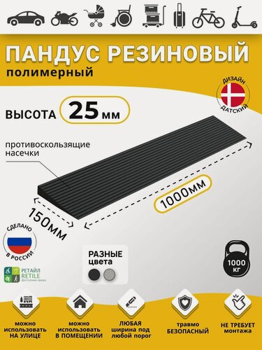 Изображение товара Пандус резиновый рубеж для порогов высотой 2,5 см (25х1000х150 мм), чёрный, для колясок, склада и автомобилей