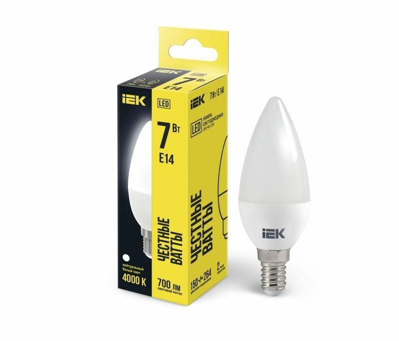 Лампа светодиодная 7Вт C35 свеча 4000К нейтр. бел. E14 230В IEK LLE-C35-7-230-40-E14
