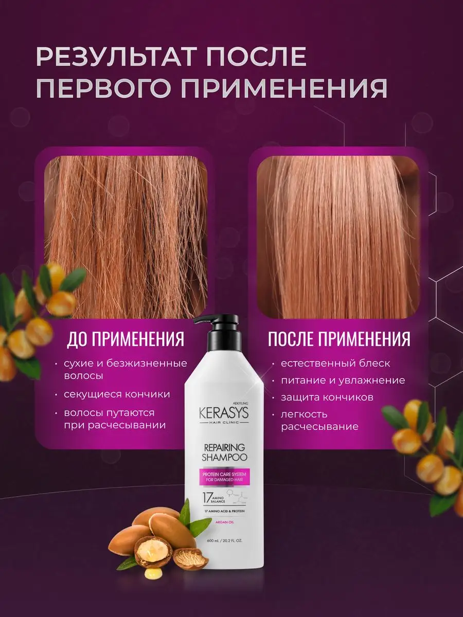 Kerasys Repairing Профессиональный Корейский шампунь для волос восстанавливающий 600 мл, протеиновый для поврежденных, окрашенных, сухих и ослабленных волос — фото 1
