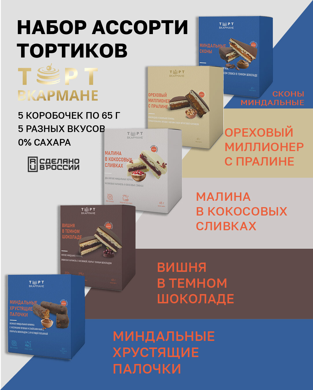 Ассорти десертов без сахара Торт Вкармане № 1, 5 шт по 65 гр (без лактозы, без глютена)