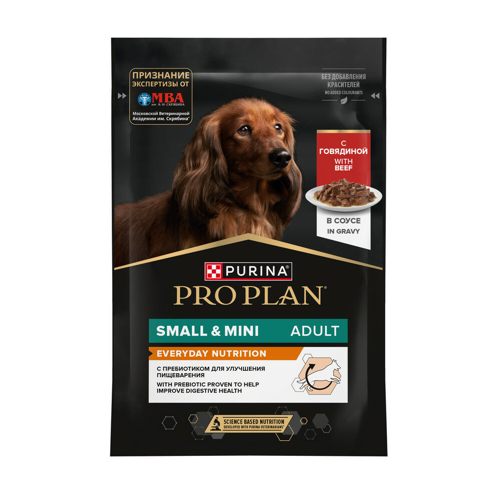 Влажный корм Pro Plan® для взрослых собак мелких и карликовых пород, с говядиной в соусе, Пауч, 85 г