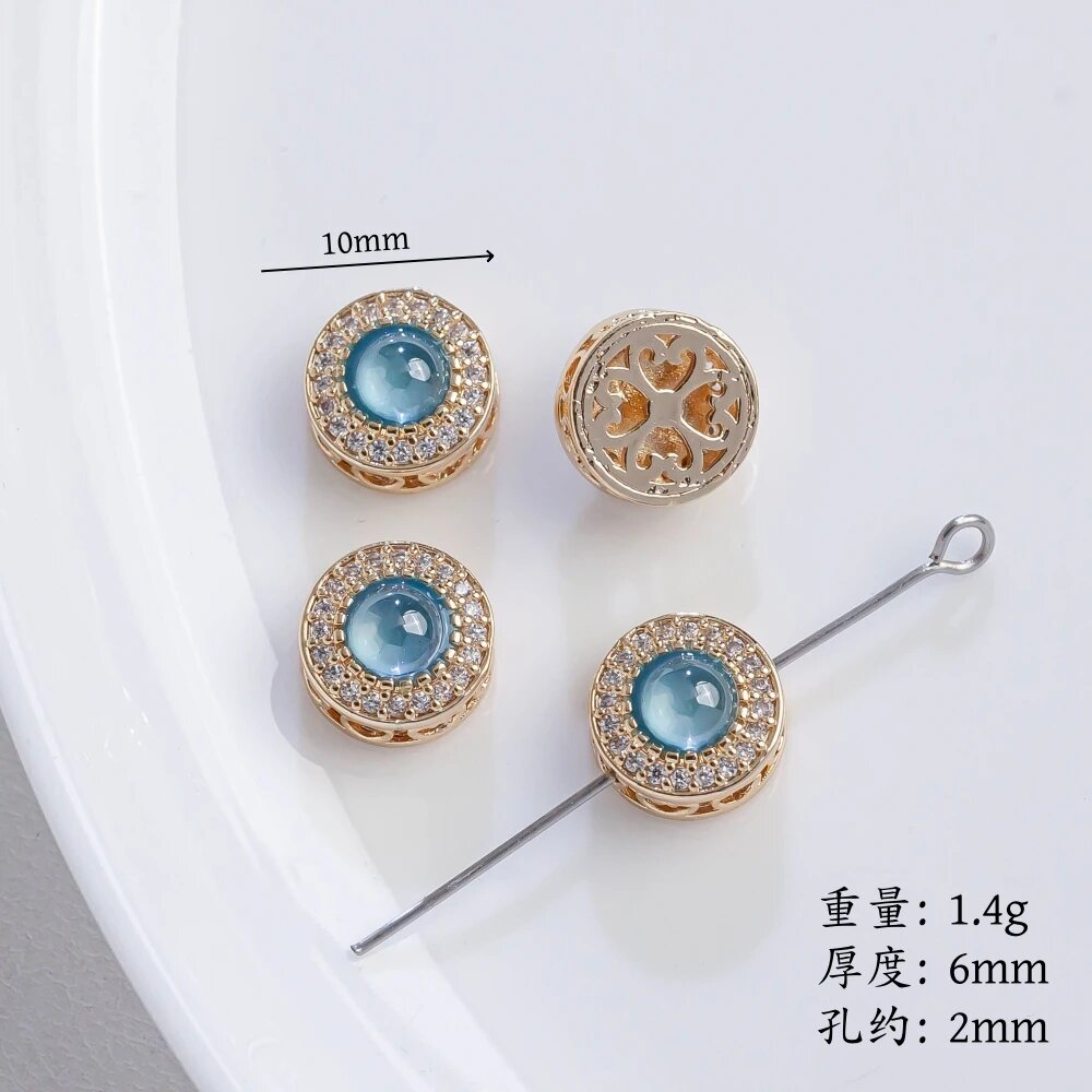 [Gold] Zircon electroplated imitation aquamarine porous copper plated round polygonal bead spacer DIY necklace 2pcs