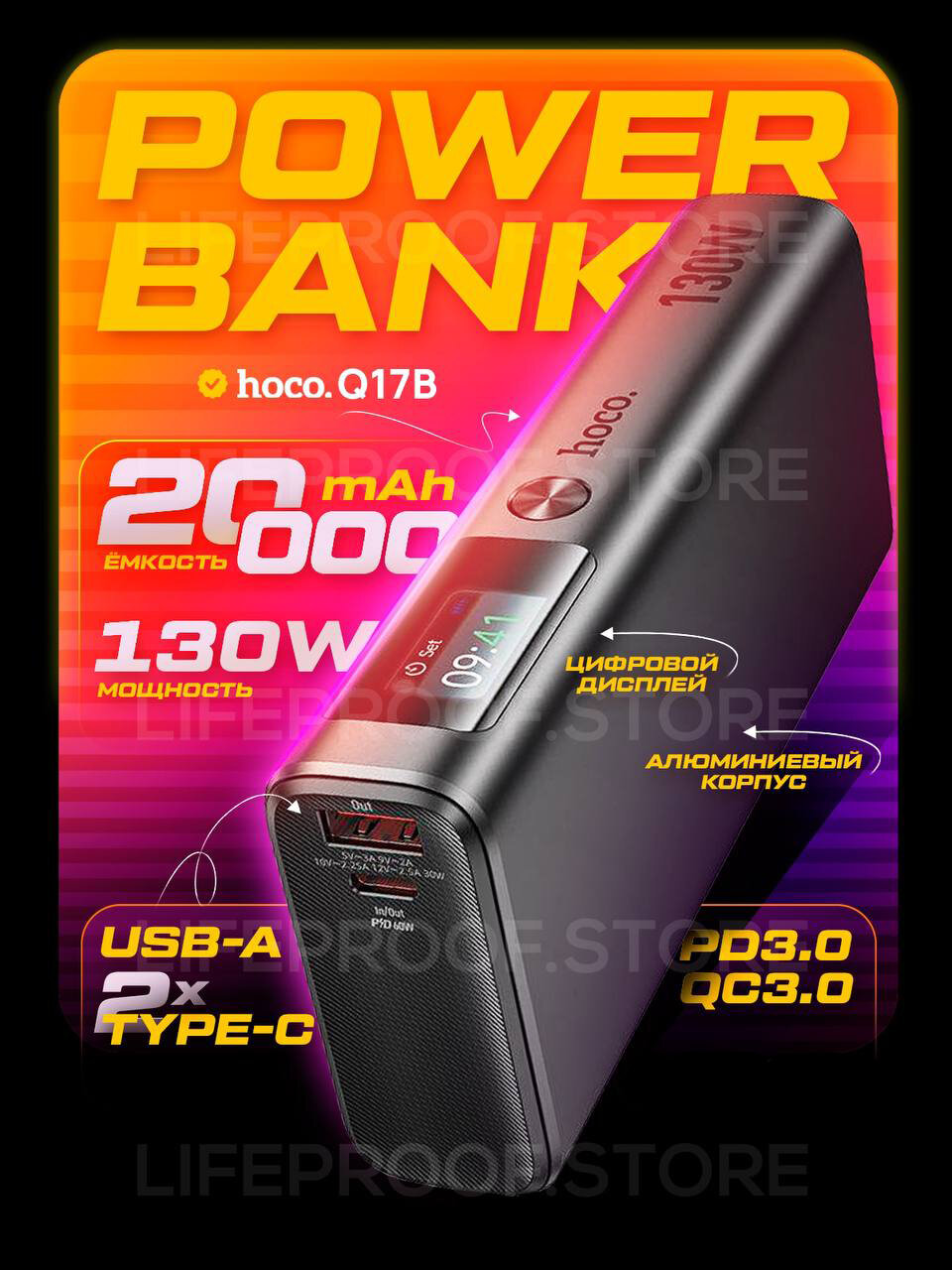 Внешний аккумулятор / повербанк Hoco Q17B 20000mAh, 130W, 2 Type-C PD + USB-A, цвет Серый графит