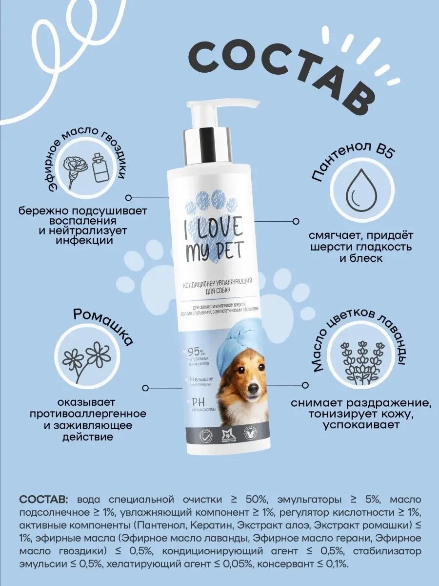 Кондиционер для собак, бальзам для собак I LOVE MY PET от колтунов, гипоаллергенный для шерсти животных, 250 мл — фото 1