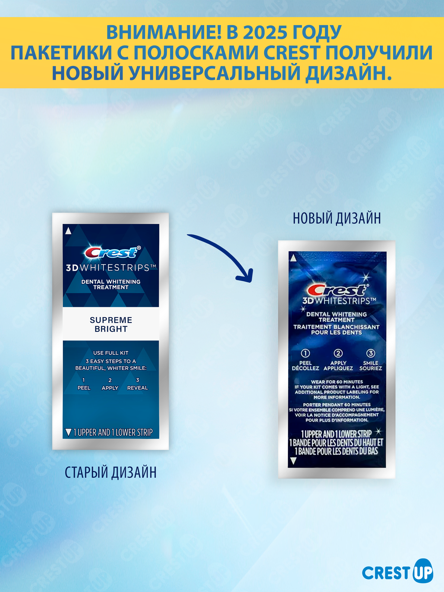 Картинки Отбеливающие полоски для зубов Crest 3D Whitestrips Supreme Bright 7 пакетиков 1/3 курса