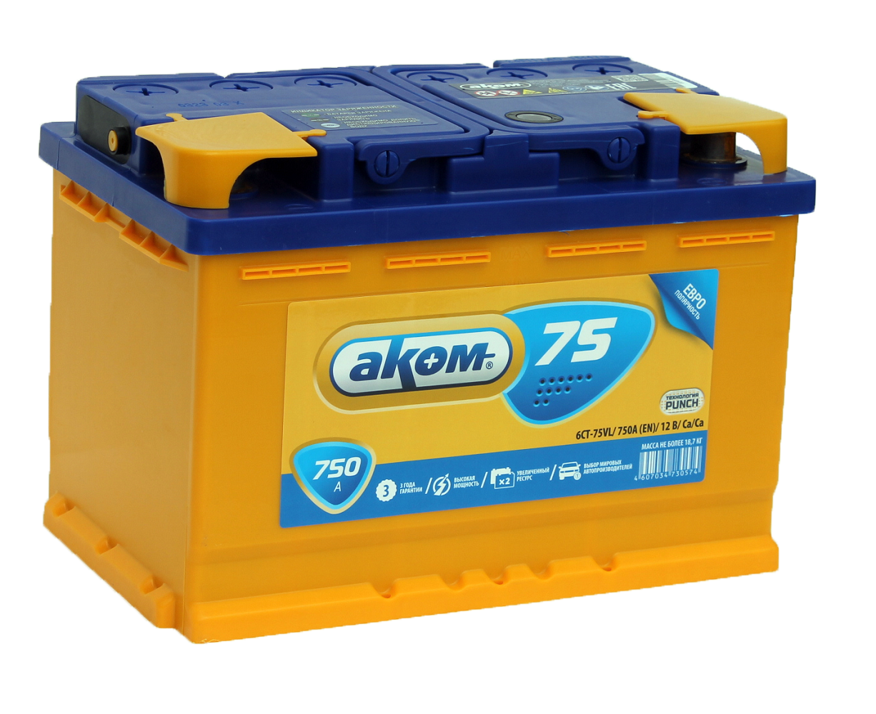 Аккумулятор AKOM 75 Ач 750 А (278х175х190) обратная полярность