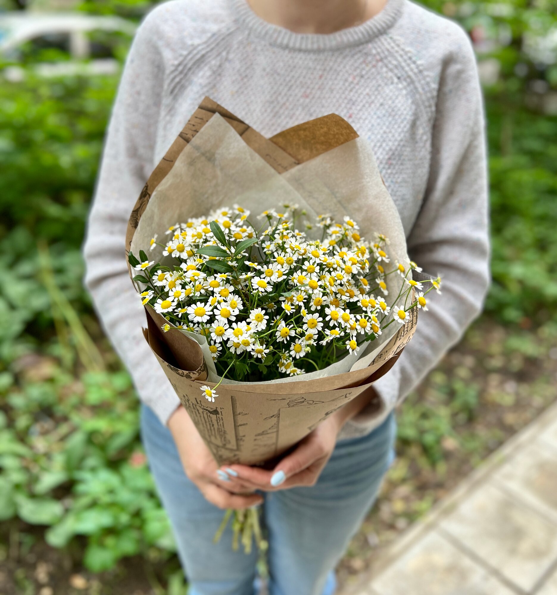 Монобукет ромашек «Букет-комплимент" с кустовыми ромашками 5 шт 45см S