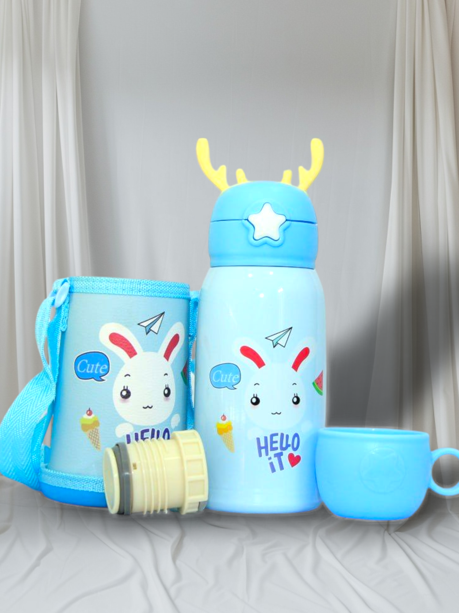 Термос "Рожки", для детей, с чехлом и кружкой, нержавеющая сталь, 500 мл синий — фото 1