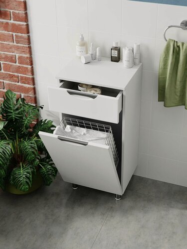 Изображение товара Комод, тумба для ванной комнаты, Fauraplus Толедо 30, с корзиной для белья, белый, глянцевый.