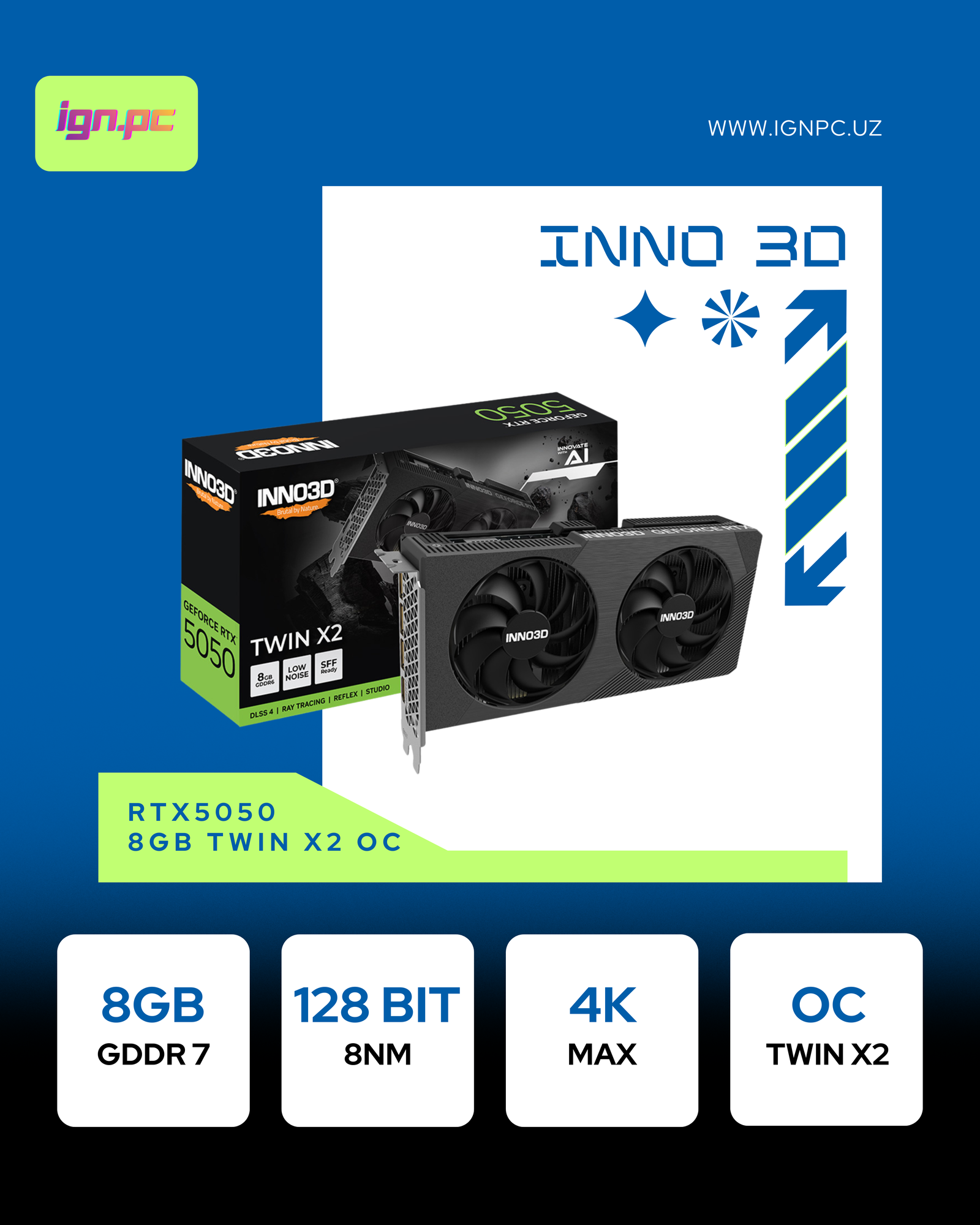 Видеокарта Inno3D - 8GB GeForce RTX 5050 TWIN X2 OC DDR6 128bit