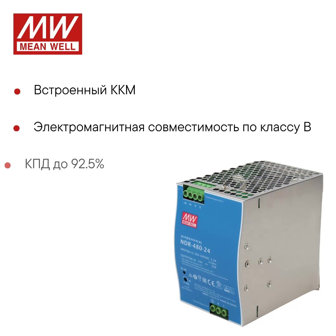 NDR-480-24 MEAN WELL, Блок питания на DIN-рейку 480 Вт 24 В 20 А модульный для оборудования, с регулировкой напряжения — фото 1