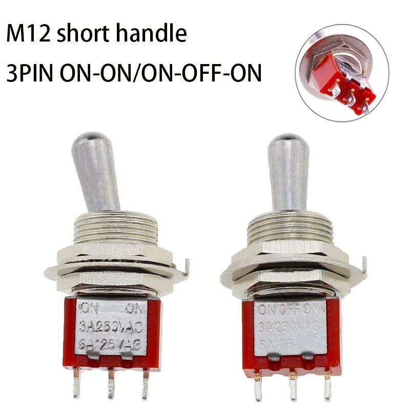 Мини-переключатель с короткой ручкой 12 мм ON-OFF-ON SPDT, 1 шт, ON OFF ON — фото 1