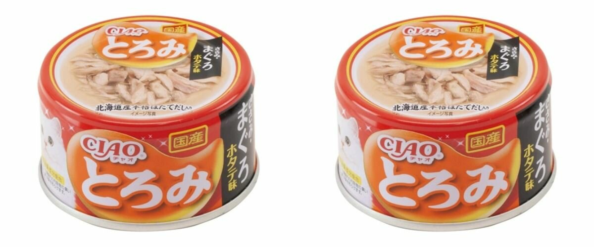 INABA Корм влажный для кошек Тороми, Куриное филе и тунец магуро, со вкусом морского гребешка, волокна в бульоне, 80 г, 2 шт